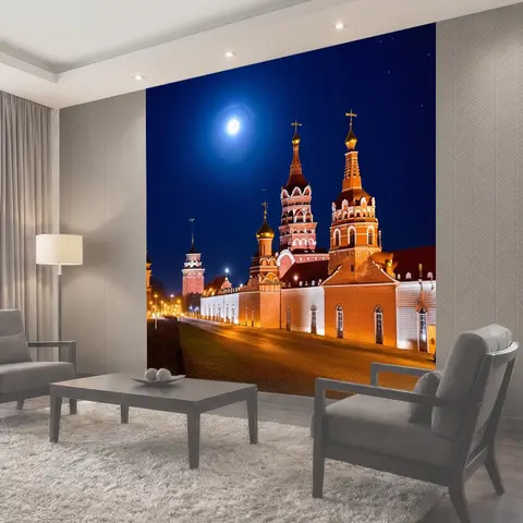 Фотообои Россия кремль ночью, освещенный лунным светом, звезды на небе, романтическая атмосфера
