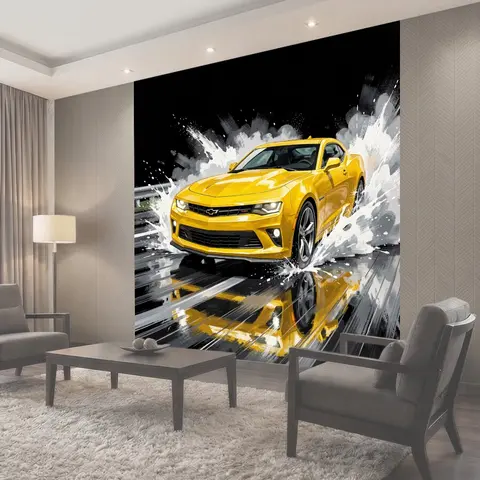 Фотообои Желтый спортивный автомобиль в брызгах