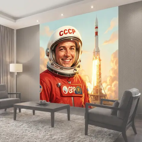 Фотообои Улыбающийся космонавт у стартовой башни