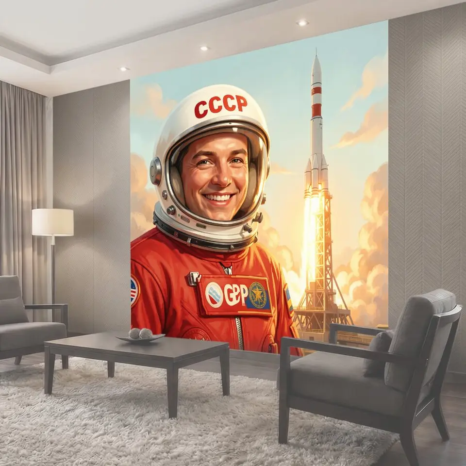 Фотообои Улыбающийся космонавт у стартовой башни
