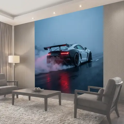 Фотообои Спортивный автомобиль на мокрой трассе