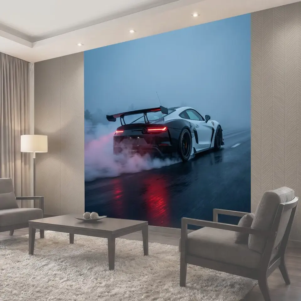 Фотообои Спортивный автомобиль на мокрой трассе