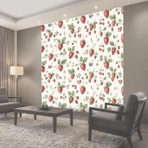 Фотообои Клубника и луговые цветы паттерн