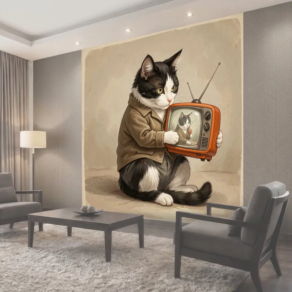 Фотообои Черно-белый кот с телевизором