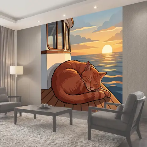 Фотообои Спящий кот у моря на закате