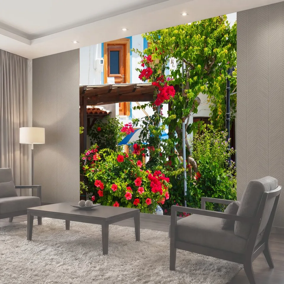 Фотообои Greek House передняя Греческий фасада дома с множеством цветов дом Греция