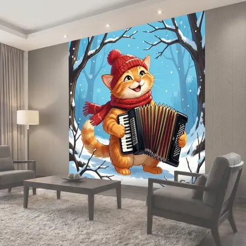 Фотообои Рыжий кот с аккордеоном зимой