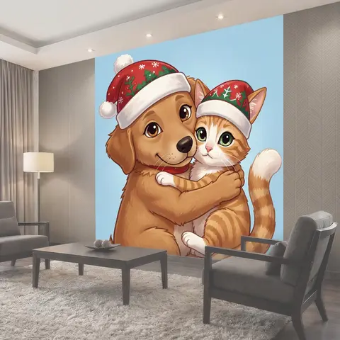 Фотообои Кот и щенок в новогодних шапках