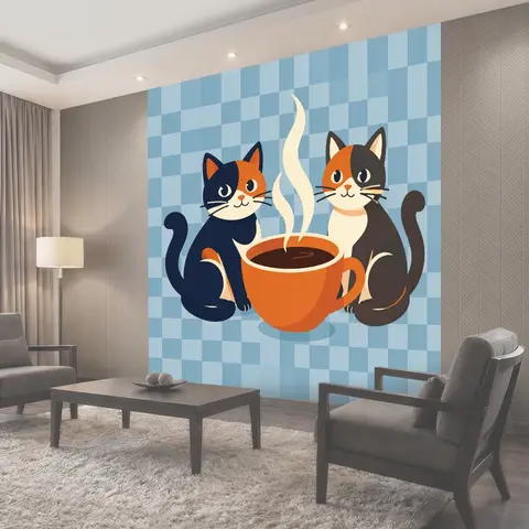 Фотообои Два кота за чашкой кофе