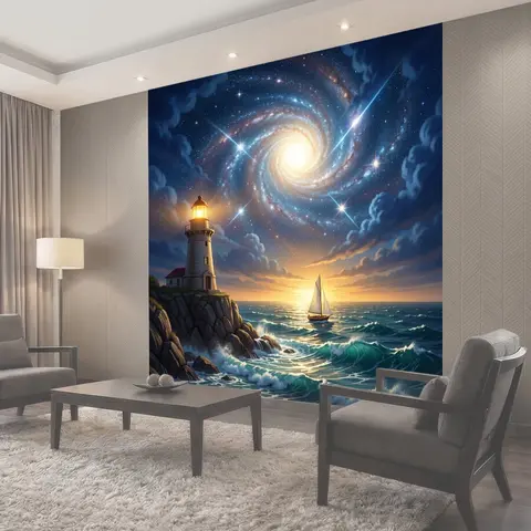 Фотообои Маяк, море и галактика