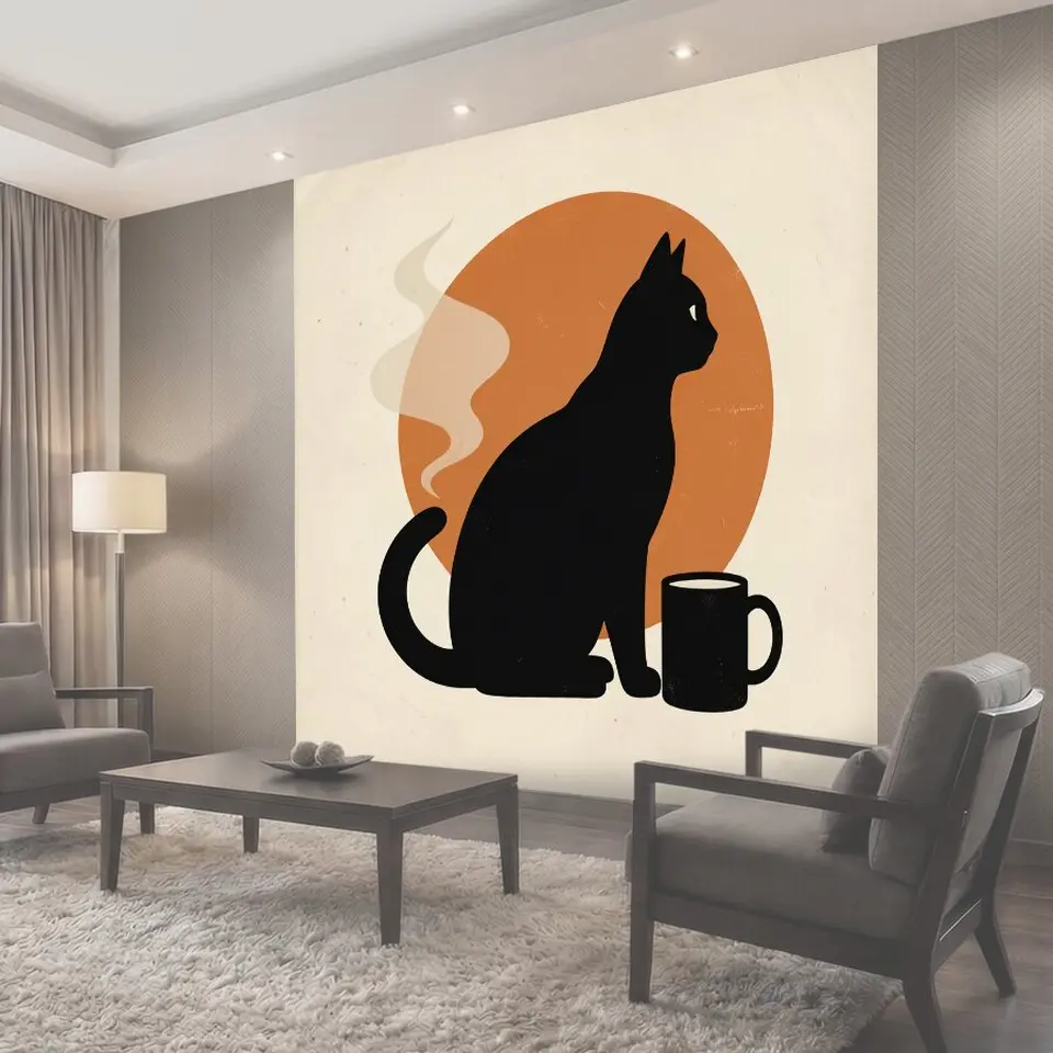 Фотообои Черный кот и чашка кофе