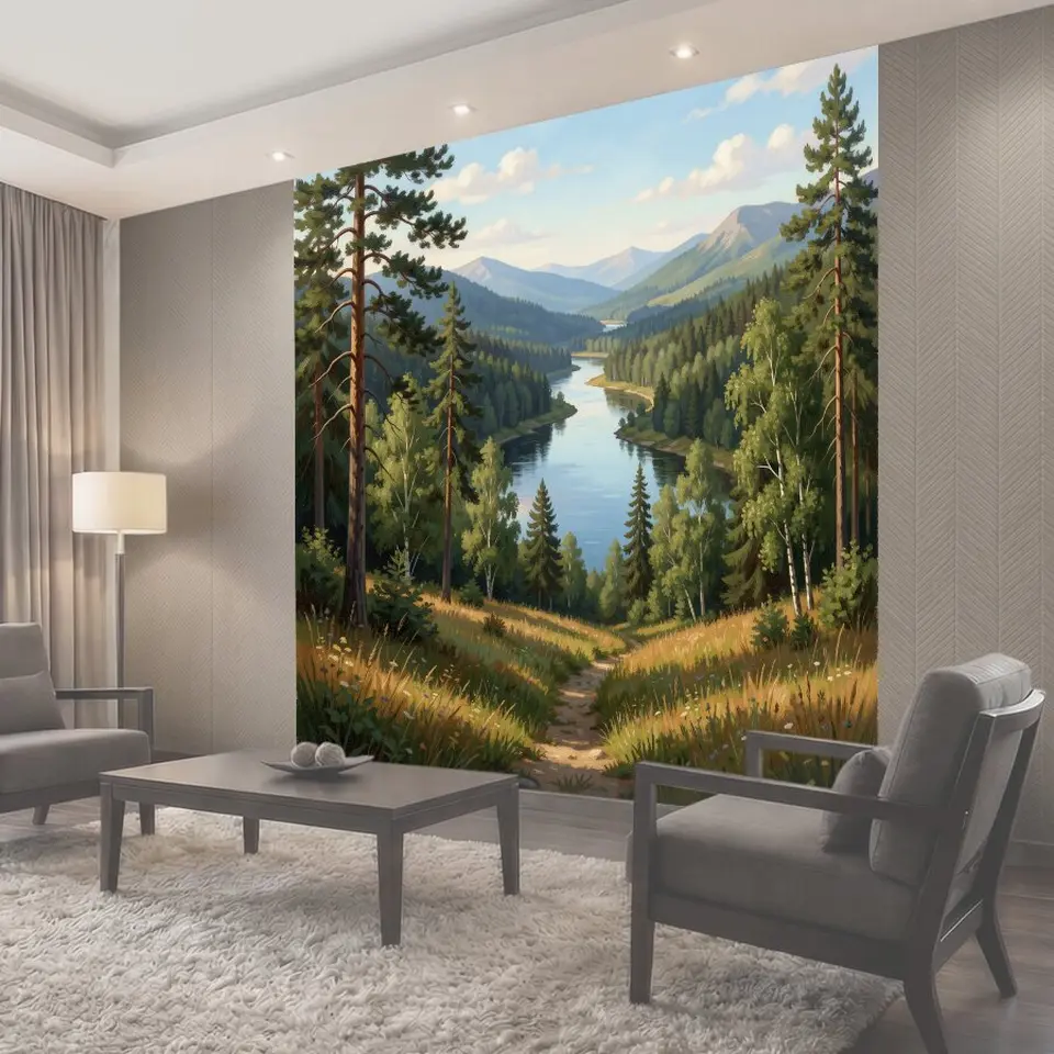 Фотообои Лесная долина с рекой и горами