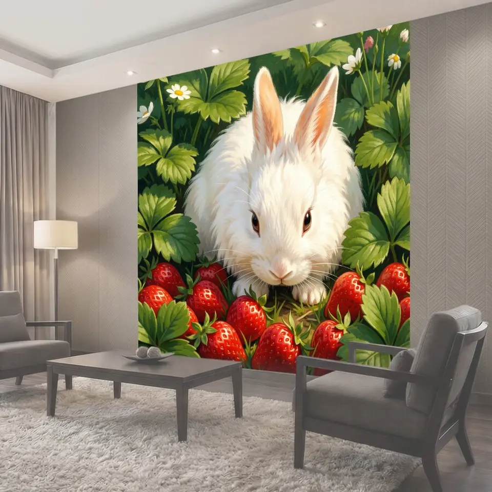 Фотообои Белый кролик среди клубники