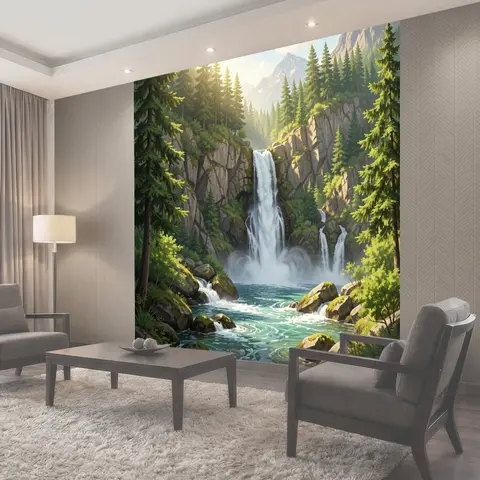 Фотообои Водопад в хвойных горах