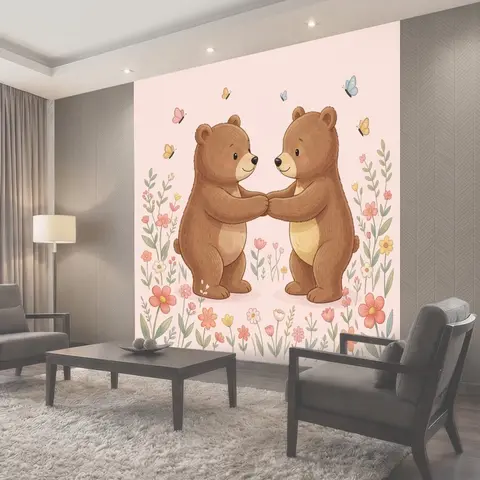 Фотообои Два медвежонка среди цветов