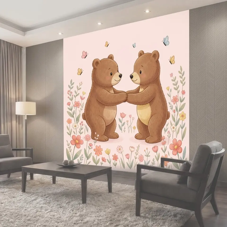 Фотообои Два медвежонка среди цветов