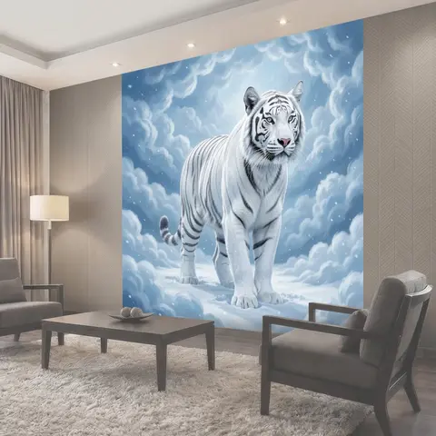 Фотообои Белый тигр на фоне облаков