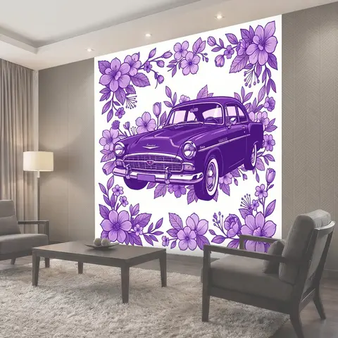 Фотообои Фиолетовый ретро-автомобиль и цветы