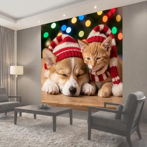 Фотообои Щенок и котёнок в шапках
