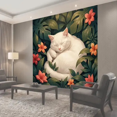 Фотообои Спящий белый кот среди листвы