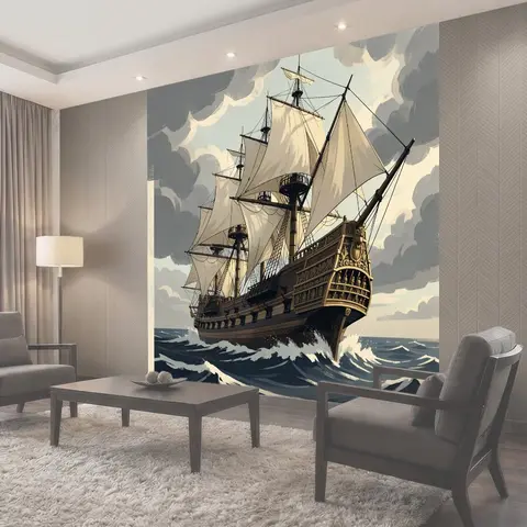 Фотообои Парусный фрегат в штормовом море