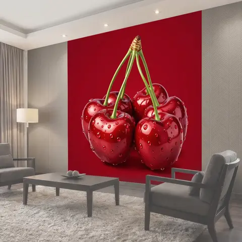 Фотообои Две красные вишни с каплями