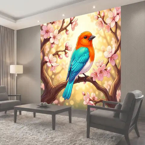 Фотообои Яркая птица среди цветущих ветвей