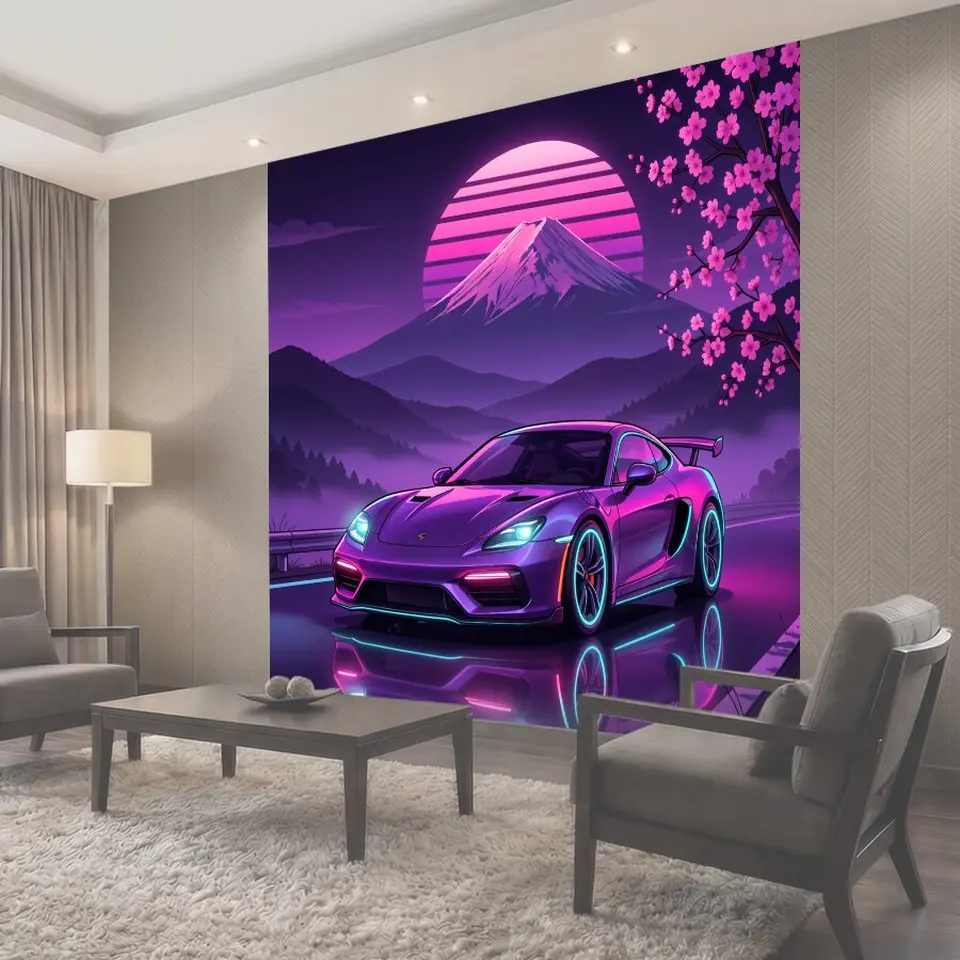 Фотообои Неоновый спорткар у горы Фудзи