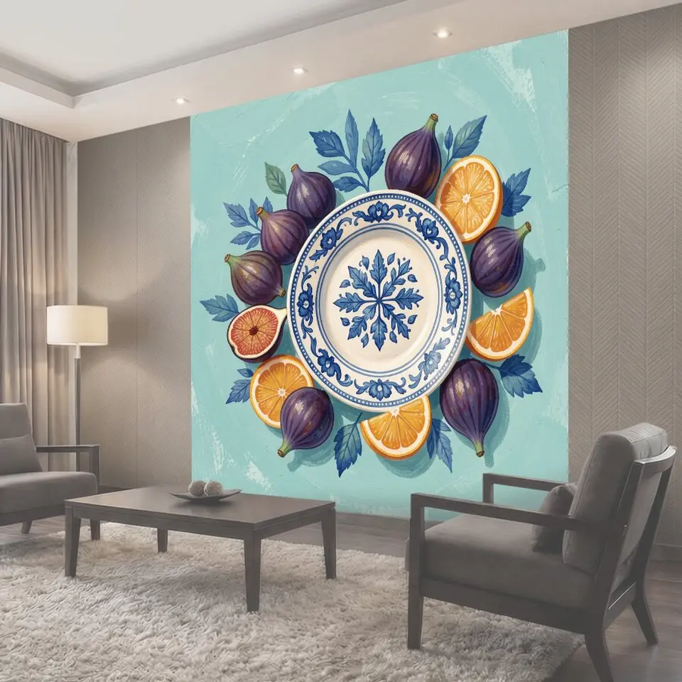 Фотообои Инжир, цитрусы и орнаментальная тарелка