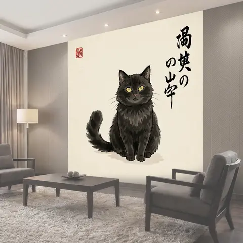 Фотообои Черный кот в японском стиле