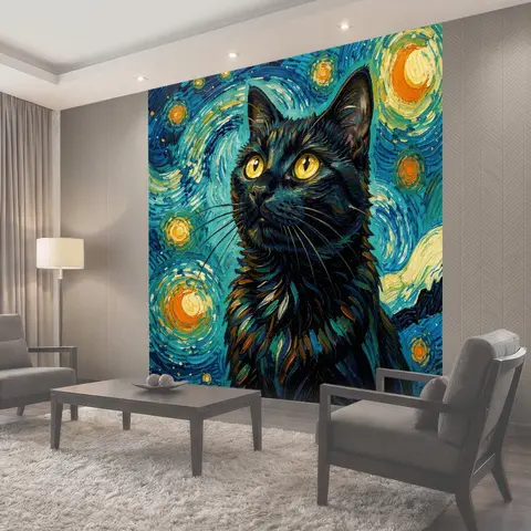 Фотообои Черный кот под звездным небом