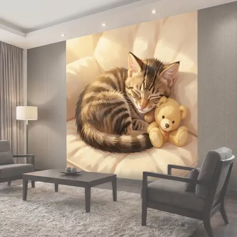 Фотообои Спящий кот с плюшевым мишкой