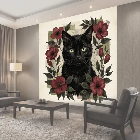 Фотообои Чёрный кот среди красных цветов