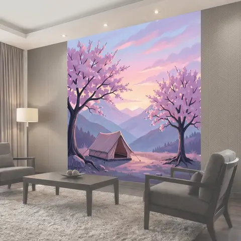 Фотообои Летний лагерь у реки и горы