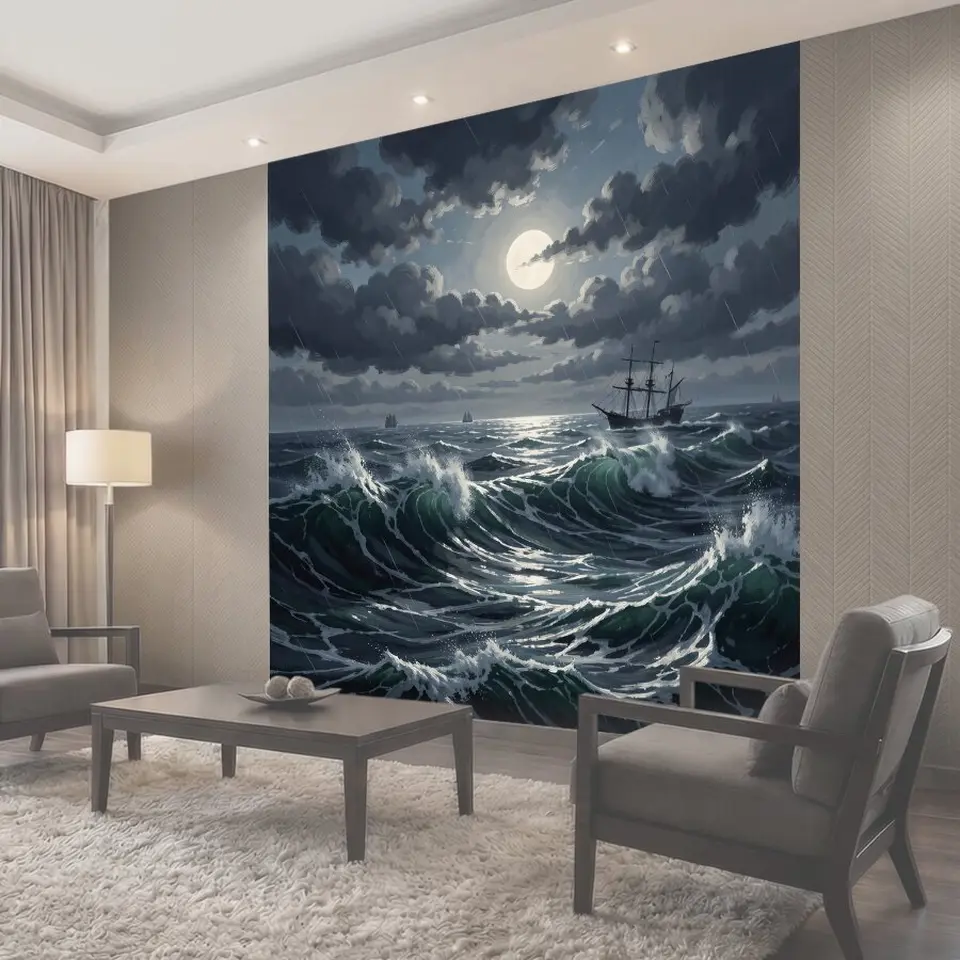 Фотообои Парусник в штормовом море на закате