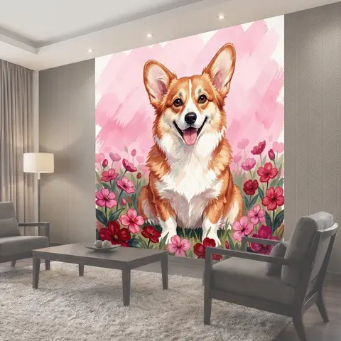 Фотообои Веселый корги среди цветов