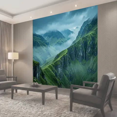 Фотообои Зелёные горы в тумане