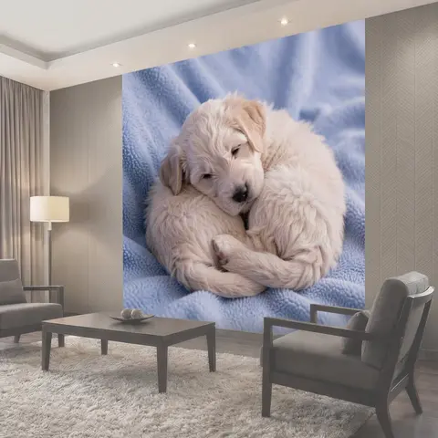 Фотообои Спящий щенок на голубом пледе