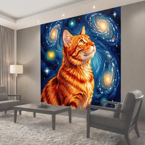 Фотообои Рыжий кот в космическом небе
