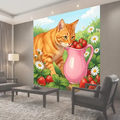 Фотообои Рыжий кот и розовый кувшин с клубникой