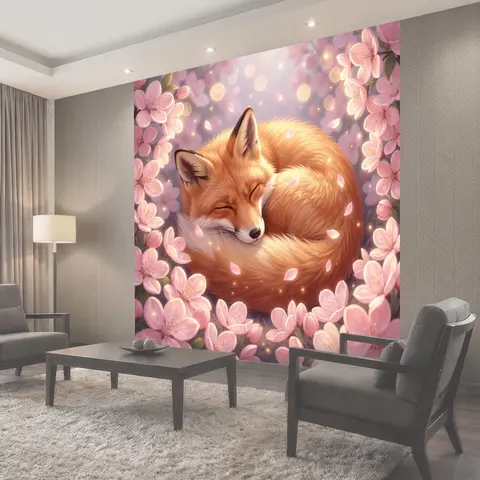 Фотообои Спящий лис среди сакуры