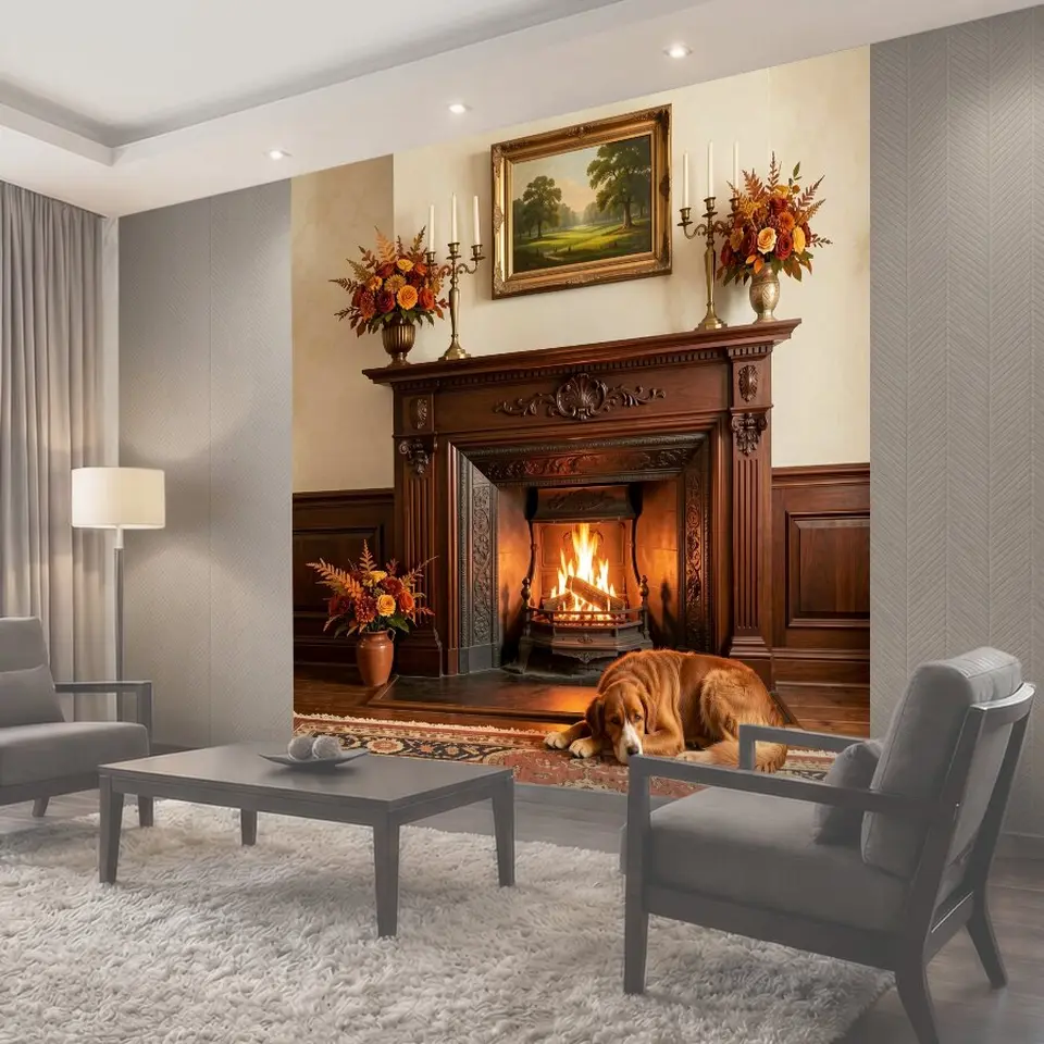 Фотообои Уютная гостиная с камином и собакой