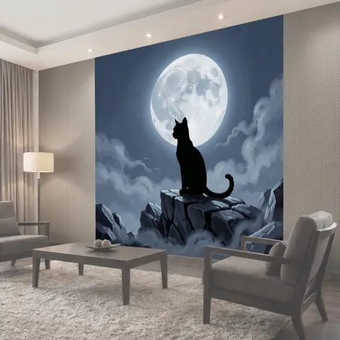 Фотообои Чёрный кот на фоне луны