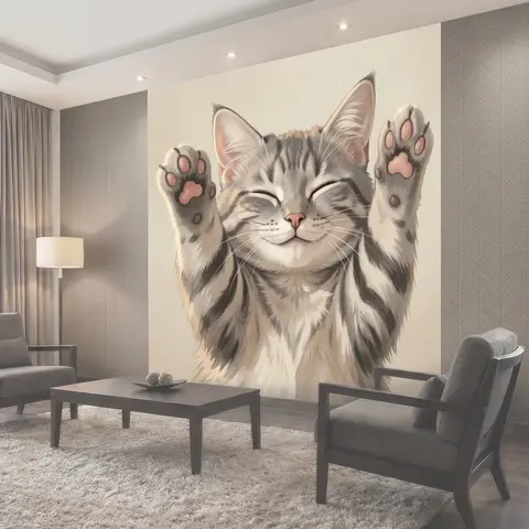 Фотообои Улыбающийся кот с лапками вверх