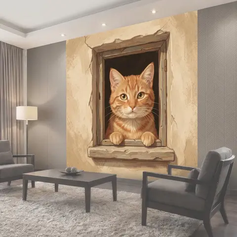 Фотообои Рыжий кот выглядывает из окна