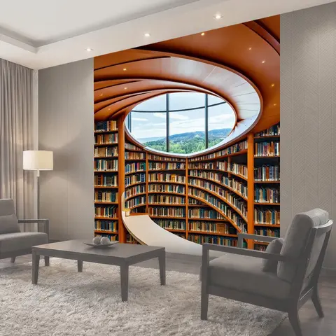 Фотообои Библиотека с полками в форме спирали, завораживающий вид на книги с разных уровней