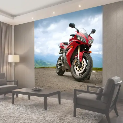 Фотообои Красный Ямаха, мотоцикл Yamaha R1 на фоне горного пейзажа