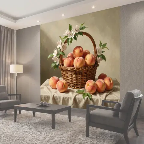 Фотообои Корзина с персиками и цветами