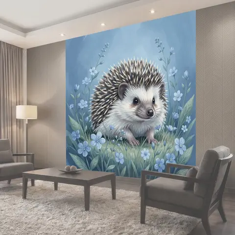 Фотообои Ёжик среди голубых цветов