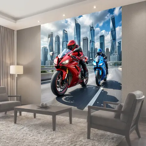 Фотообои Скоростные мотоциклисты в мегаполисе